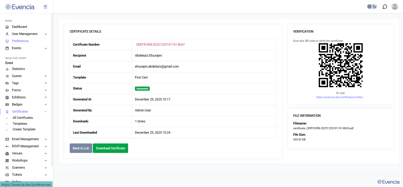 Certificate details page