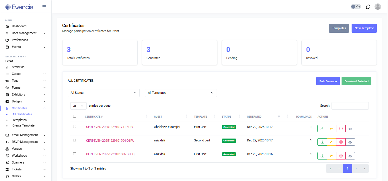 Certificates main page